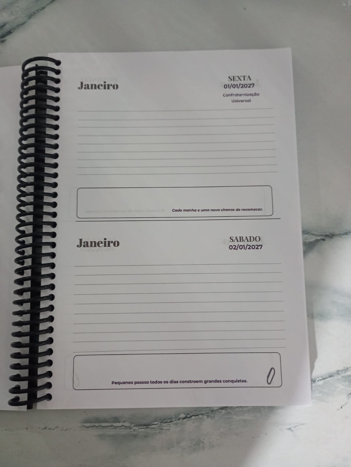Miolo diário da agenda com datas de janeiro de 2027