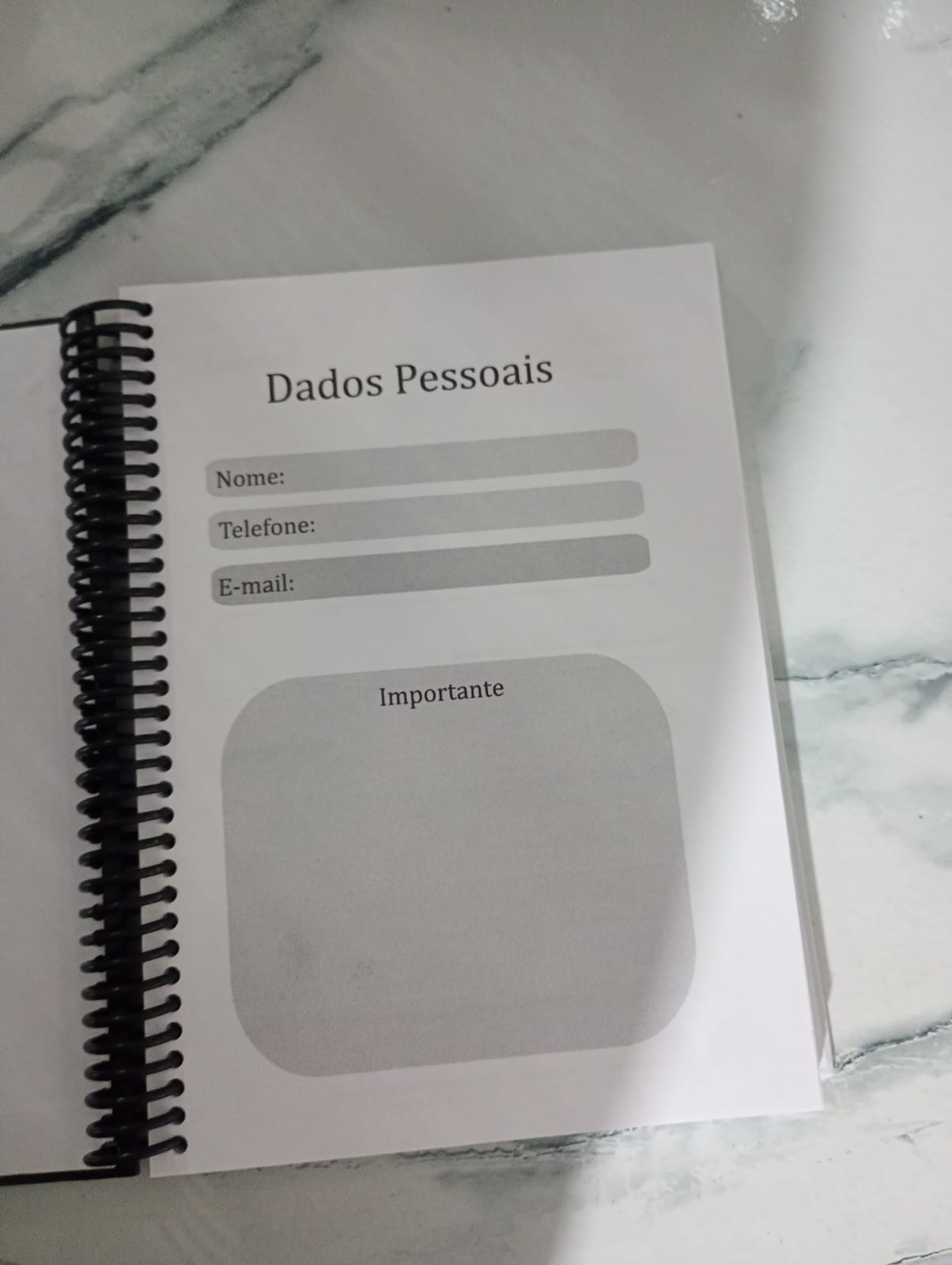 Página de dados pessoais da agenda impressa