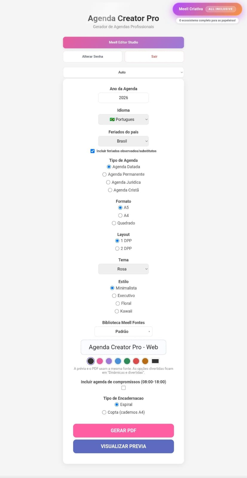 Configuração rápida de idioma, tema e divisórias.