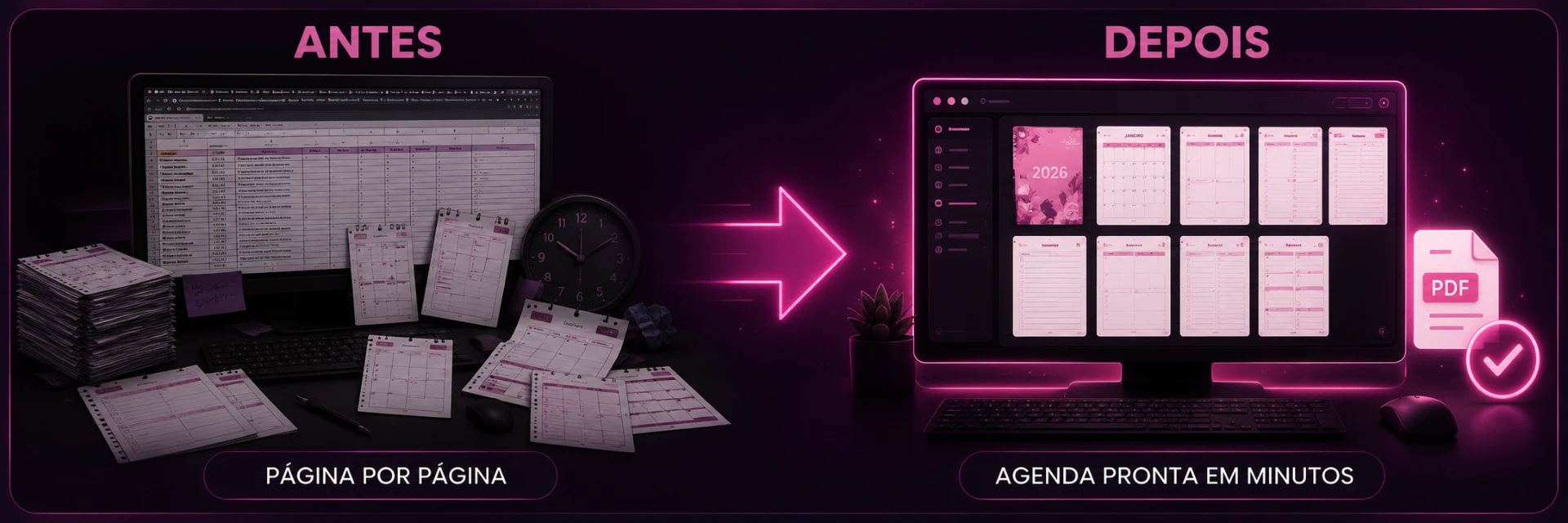 Antes e depois: montagem manual página por página versus agenda pronta em minutos no Agenda Creator Pro Web